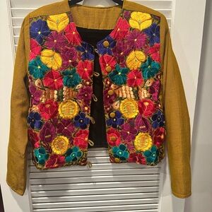Embroidered Floral Open-Front Jacket in Mustard